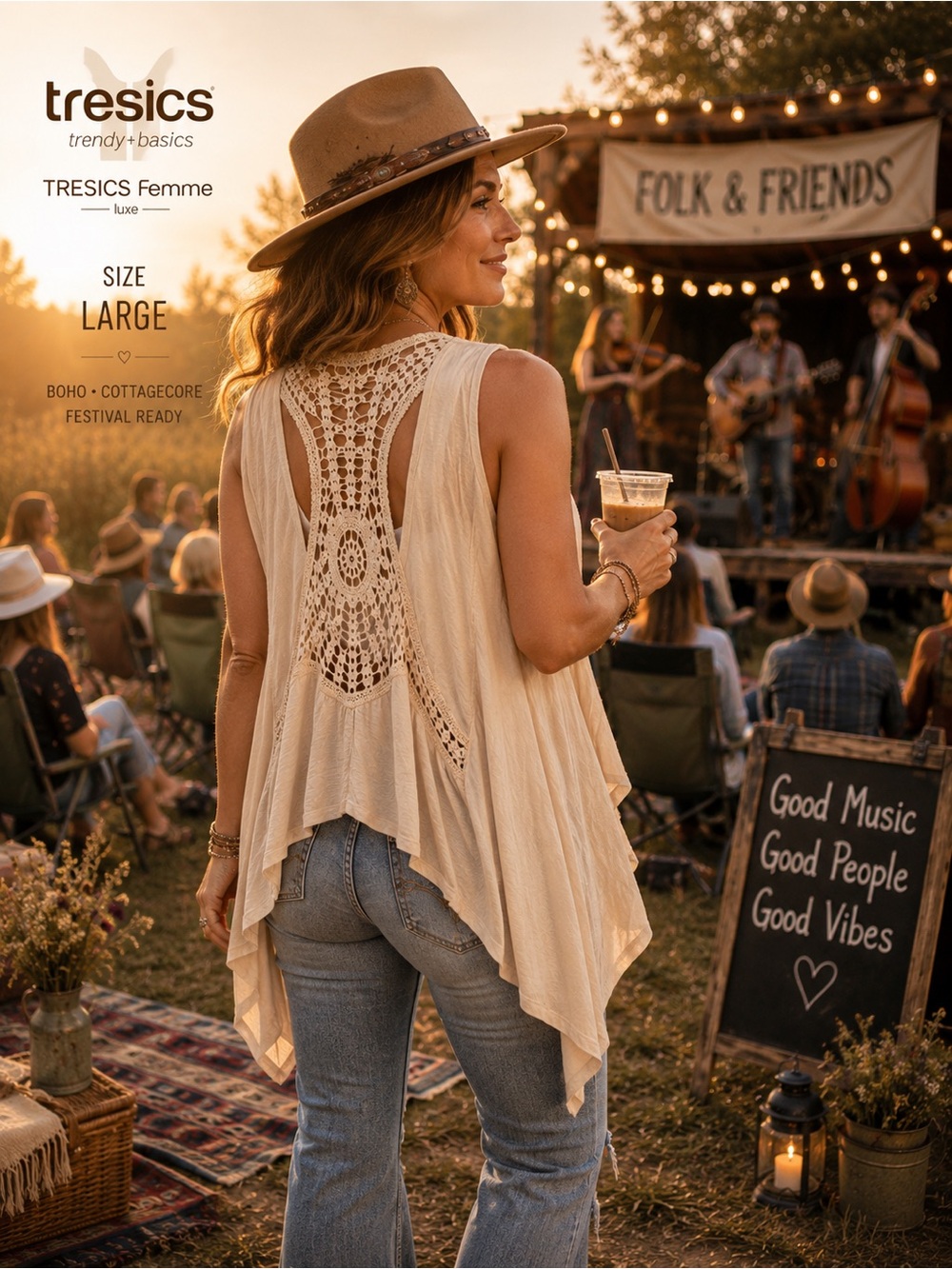 ✨ Tresics Femme Crochet Back Waterfall Vest Large Boho Festival